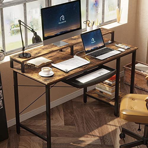 Rolanstar Computer Desk with Power Outlet and Monitor Stand Shelf, 55” Home Office PC Desk with Keyboard Tray and USB Ports Charging Station, Desktop Table,Stable Metal Frame Workstation, Rustic Brown