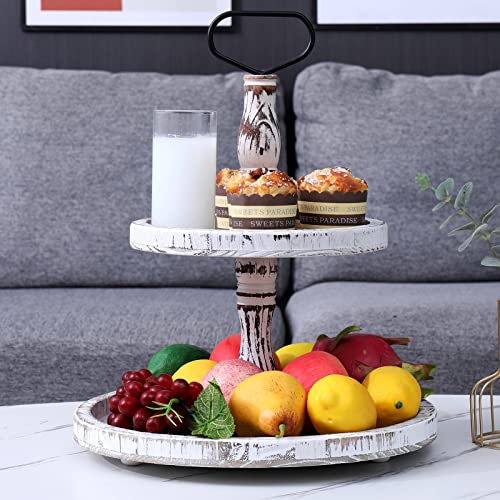 LKMANY Tiered Tray Cupcake Stand 2 Tier Tray Stand Serving Cakes Tray Decorative Trays with Handle,Round Rustic Stand for Kitchen,Homeware Display Platters for Party