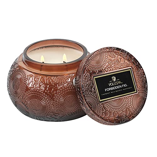 Voluspa Forbidden Fig Candle | Embossed Glass Chawan Bowl | 14 Oz. | 50 Hour Burn Time | Coconut Wax and Natural Wicks for a Cleaner Burn | Vegan