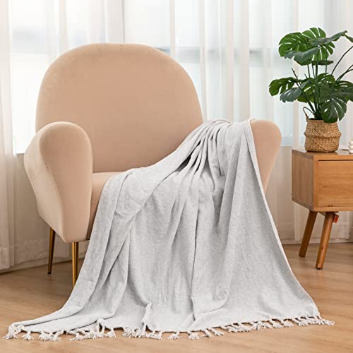 Soft Textured Lightweight Chenille Throw Blanket with Fringe for Travel Bed Sofa and Couch, Light Grey 50 x 60 Inches