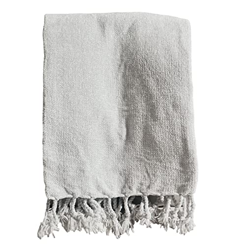 Soft Textured Lightweight Chenille Throw Blanket with Fringe for Travel Bed Sofa and Couch, Light Grey 50 x 60 Inches