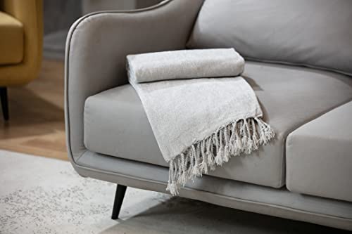 Soft Textured Lightweight Chenille Throw Blanket with Fringe for Travel Bed Sofa and Couch, Light Grey 50 x 60 Inches