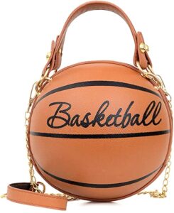 women basketball shaped cross body messenger bag purse tote mini shoulder pu leather round handbag for girls（brown