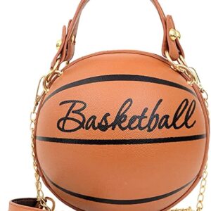 Women Basketball Shaped Cross Body Messenger Bag Purse Tote Mini Shoulder PU Leather Round Handbag for Girls（Brown