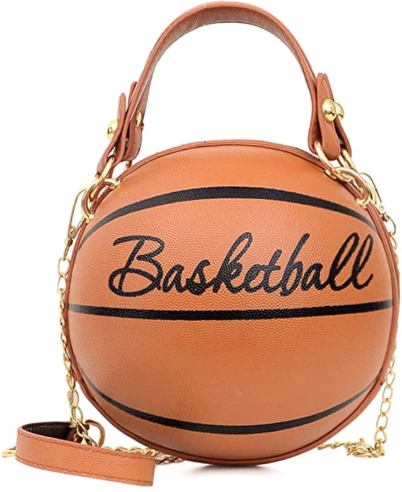 Women Basketball Shaped Cross Body Messenger Bag Purse Tote Mini Shoulder PU Leather Round Handbag for Girls（Brown