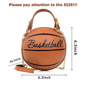 Women Basketball Shaped Cross Body Messenger Bag Purse Tote Mini Shoulder PU Leather Round Handbag for Girls（Brown