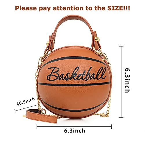 Women Basketball Shaped Cross Body Messenger Bag Purse Tote Mini Shoulder PU Leather Round Handbag for Girls（Brown