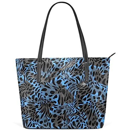 MNSRUU Tote Bag for Women Leopard Spots In Blue Shoulder Bag Big Capacity PU Leather Handbag