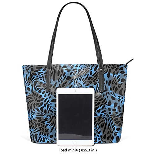 MNSRUU Tote Bag for Women Leopard Spots In Blue Shoulder Bag Big Capacity PU Leather Handbag