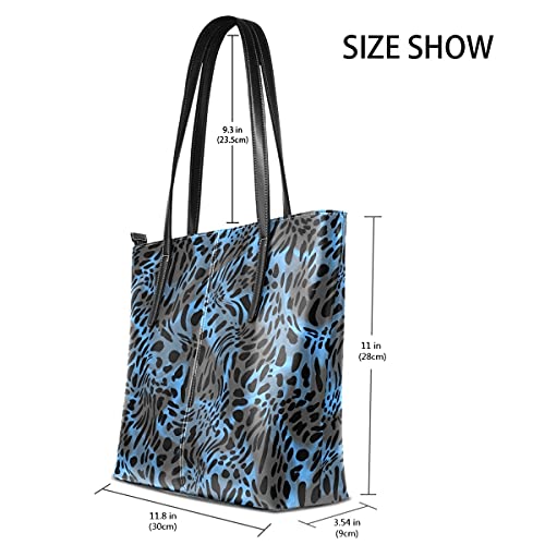 MNSRUU Tote Bag for Women Leopard Spots In Blue Shoulder Bag Big Capacity PU Leather Handbag