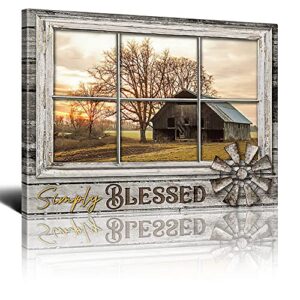 rustic old barn canvas wall art farmhouse barn family decor print paintings country scenery in fake window pictures modern home artwork decor for living room kitchen bathroom framed ready to hang 20×24 inch
