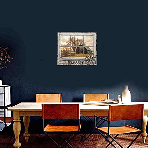 Rustic Old Barn Canvas Wall Art Farmhouse Barn Family Decor Print Paintings Country Scenery in Fake Window Pictures Modern Home Artwork Decor For Living Room Kitchen Bathroom Framed Ready To Hang 20x24 Inch