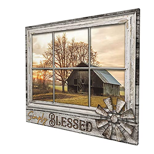 Rustic Old Barn Canvas Wall Art Farmhouse Barn Family Decor Print Paintings Country Scenery in Fake Window Pictures Modern Home Artwork Decor For Living Room Kitchen Bathroom Framed Ready To Hang 20x24 Inch