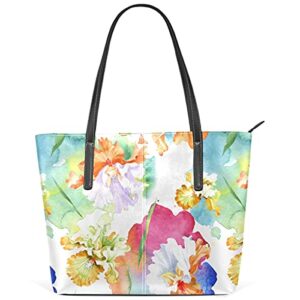 mnsruu tote bag for women orange white iris flowers shoulder bag big capacity pu leather handbag