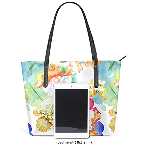 MNSRUU Tote Bag for Women Orange White Iris Flowers Shoulder Bag Big Capacity PU Leather Handbag