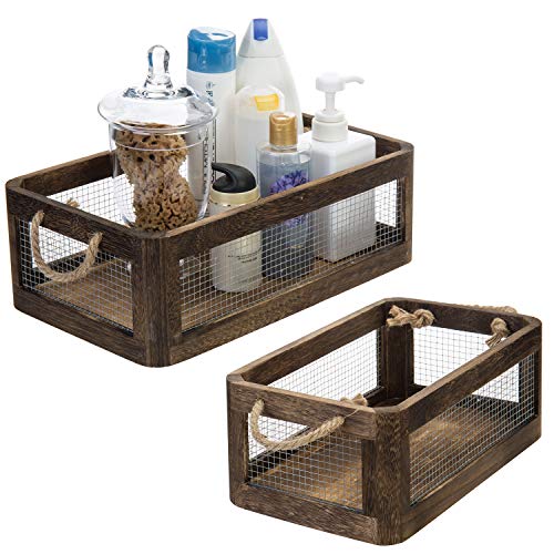 MyGift Rustic Solid Burnt Wood Decorative Nesting Storage Box Organizer with Metal Wire Mesh Sides and Rope Handles, Set of 2