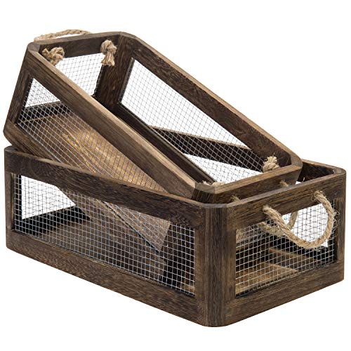 MyGift Rustic Solid Burnt Wood Decorative Nesting Storage Box Organizer with Metal Wire Mesh Sides and Rope Handles, Set of 2