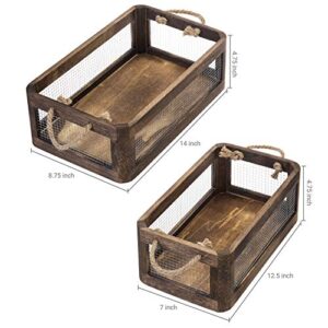 MyGift Rustic Solid Burnt Wood Decorative Nesting Storage Box Organizer with Metal Wire Mesh Sides and Rope Handles, Set of 2