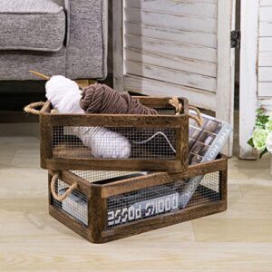 MyGift Rustic Solid Burnt Wood Decorative Nesting Storage Box Organizer with Metal Wire Mesh Sides and Rope Handles, Set of 2