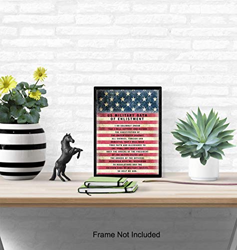 Military Oath of Enlistment - Patriotic American Flag Wall Art Decor, Decoration - Gift for Soldiers, Army, Navy, Air Force, Marines, Coast Guard, Veterans, Vets-UNFRAMED Poster Print 8x10 Photo