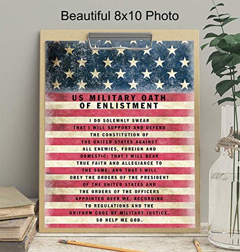 Military Oath of Enlistment - Patriotic American Flag Wall Art Decor, Decoration - Gift for Soldiers, Army, Navy, Air Force, Marines, Coast Guard, Veterans, Vets-UNFRAMED Poster Print 8x10 Photo