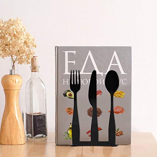 Cookbook Bookends Kitchen Fork Knife Spoon Book Ends Support with Non-slip pad, Black Metal Cookery Book Holder for Kitchen Shelf Mothers Day Teachers Day Housewarming Cooking Lover Gifts (1 Pair)