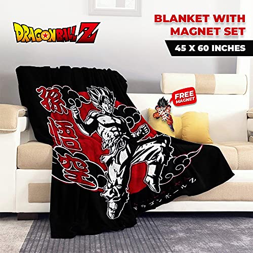 Stunned Mind Dragon Ball Z Blanket with Black/White and Red Accents, with Magnet Featuring Goku Using his Kamehameha Wave, 45” x 60”, Shonen Jump Set
