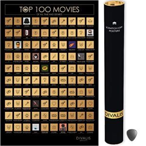 top 100 movies scratch off poster – films of all time bucket list – 24×16″ easy to frame scratchable cinema checklist poster – must see movie challenge – 100 essential movies scratch off calendar with scratcher included – greatest movies for family to wat