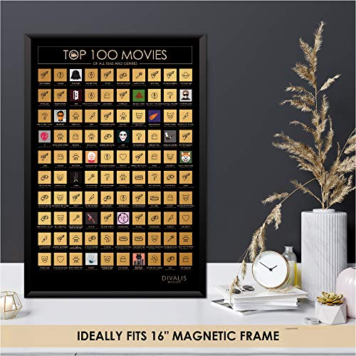 Top 100 Movies Scratch Off Poster - Films of all Time Bucket List - 24x16" Easy to Frame Scratchable Cinema Checklist Poster - Must See Movie Challenge - 100 Essential Movies Scratch off Calendar with Scratcher Included - Greatest Movies for Family to Wat