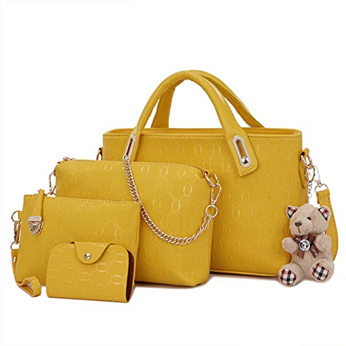 RainboSee 4pcs Set Handbags for Women Fashion Top Handle Shoulder Bag Hobo Shopper Satchels Card Holder Tote Purses Yellow