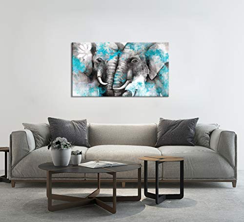 Zlove Large Animal Canvas Wall Art Elephant Couple in Love Boho Decor Mandala Elephant Grey and Teal Artwork for Bedroom Modern Home Decor Stretched and Framed Ready to Hang 20x36inch