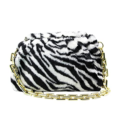 Amamcy Women Fashion Dumpling Bag Faux Fur Fuzzy Purse Cloud Handbag Fluffy Shoulder Bag with Alloy Shoulder Strap Zebra Cow Print