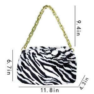 Amamcy Women Fashion Dumpling Bag Faux Fur Fuzzy Purse Cloud Handbag Fluffy Shoulder Bag with Alloy Shoulder Strap Zebra Cow Print