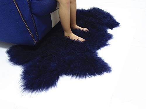 Deluxe Home Decorative Curly Fur Soft Plush 100% Real Genuine Mongolian (Tibetan) Lamb Wool Rug Carpet (Blue)