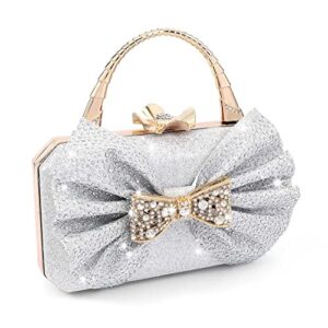 elabest evening clutch bag bowknot ladies party handbag bright silver crystal purse bow design shiny bags for bridal wedding cocktail party (silver)