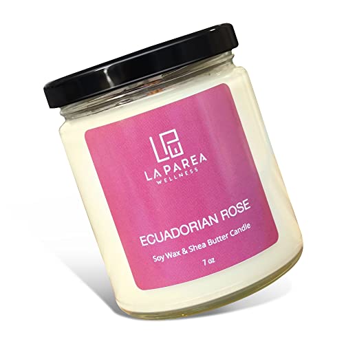 La Parea Wellness - Ecuadorian Rose Shea Butter & Soy Candles for Aromatherapy & Relaxation, Natural Calming Candle Scents, Massage Candles for Couples, Christmas Candles, 25-Hour Burn Time, 7 oz