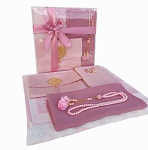 muslim prayer rug | 5 in one prayer mat, short surahs book, tasbeeh, scarf , quran case set | pearl prayer beads | islamic gift for her | islamic gifts for occasions | prayer mat| birthday gift|(pink)