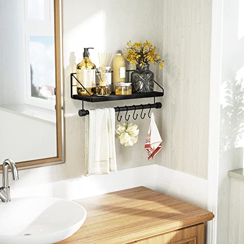 Alsonerbay Floating Shelves Wall Shelves for Bedroom, Bathroom Shelves Wall Mounted with Towel Bar, Kitchen Rustic Wood Shelf with Hooks for Hanging Cooking Utensils or Mugs