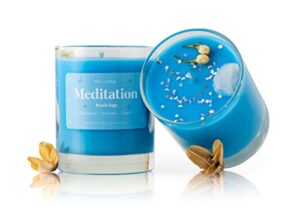 my lumina meditation aromatherapy candle w/clear quartz crystal inside, beach sage relaxing calming positive peace energy, soy wax blue scented candle for home,bath,bathroom,yoga,self care,gift,women