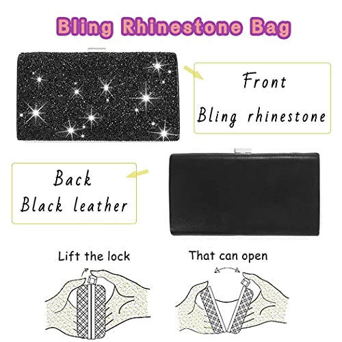 ELABEST Glitter Evening Clutch Bag Rhinestone Handbag Crossbody Purse Wedding Party Bag for Women and Girls (Single-sided black crystal)