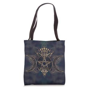 triple moon ornament with pentagram tote bag