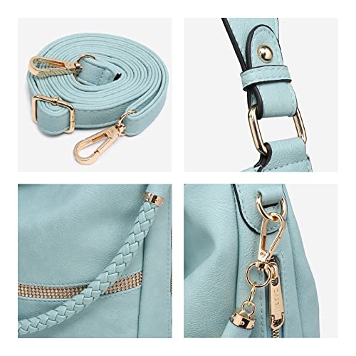 Dasein Hobo Handbags for Women Purses Vegan Leather Shoulder Bags Bucket Purse Large Tote Set with Long Strap (light blue)