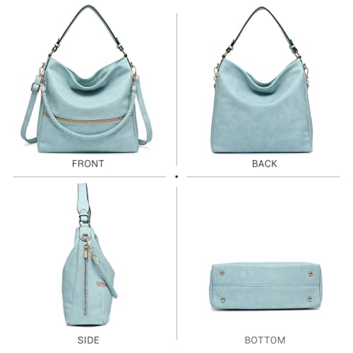 Dasein Hobo Handbags for Women Purses Vegan Leather Shoulder Bags Bucket Purse Large Tote Set with Long Strap (light blue)