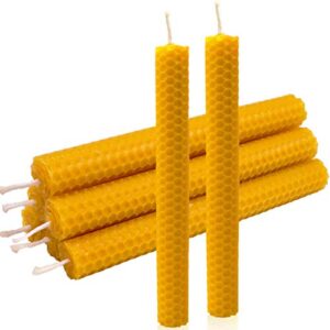 deybby handmade beeswax taper candles, dripless wax candles, hand-rolled honeycomb candles for dinner party, set of 6 flat top（brown raw）