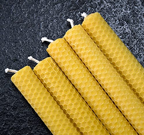 DEYBBY Handmade Beeswax Taper Candles, Dripless Wax Candles, Hand-Rolled Honeycomb Candles for Dinner Party, Set of 6 Flat Top（Brown Raw）