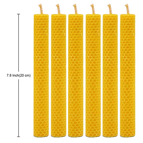 DEYBBY Handmade Beeswax Taper Candles, Dripless Wax Candles, Hand-Rolled Honeycomb Candles for Dinner Party, Set of 6 Flat Top（Brown Raw）