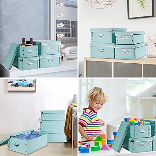 HYUNLAI 4 Pack Storage Box, Decorative Storage Bins with Lid,with Handles,Press-Stud Fastening,Moisture-Proof,Foldable for Space Saving Storage,for Clothes,Cosmetic,Blankets(Green)