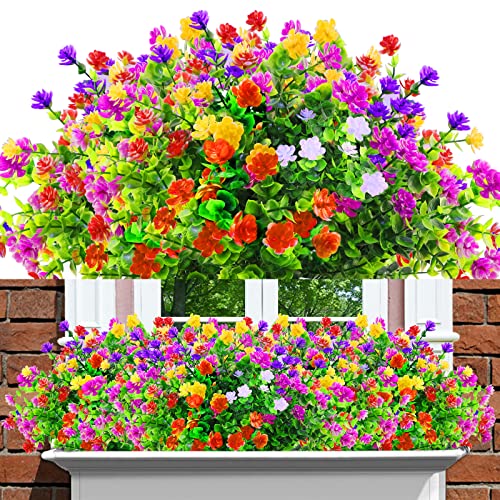 12 Bundles Outdoor Artificial Fake Flowers UV Resistant Rose Eucalyptus Leaf Plants, Faux Plastic Greenery Gypsophila for Indoor Outside Hanging Plants Garden Porch Window Box Home Wedding Decor