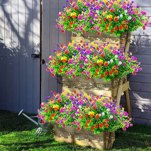 12 Bundles Outdoor Artificial Fake Flowers UV Resistant Rose Eucalyptus Leaf Plants, Faux Plastic Greenery Gypsophila for Indoor Outside Hanging Plants Garden Porch Window Box Home Wedding Decor