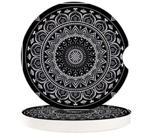 absorbent car coasters for cup holders black and white indian mandala, small 2.56inch ceramic stone drink coaster for women men, hippie boho tribal art set of 2 pack